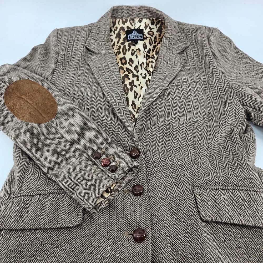 VTG Y2K ANGIE HERRINGBONE TWEED BLAZER WITH LEOPARD LINING